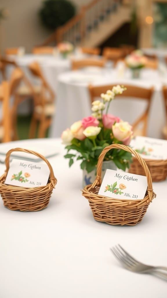 Mini-Weidenkörbe als Tischkartenhalter mit Blumenarrangement auf einem Tisch.