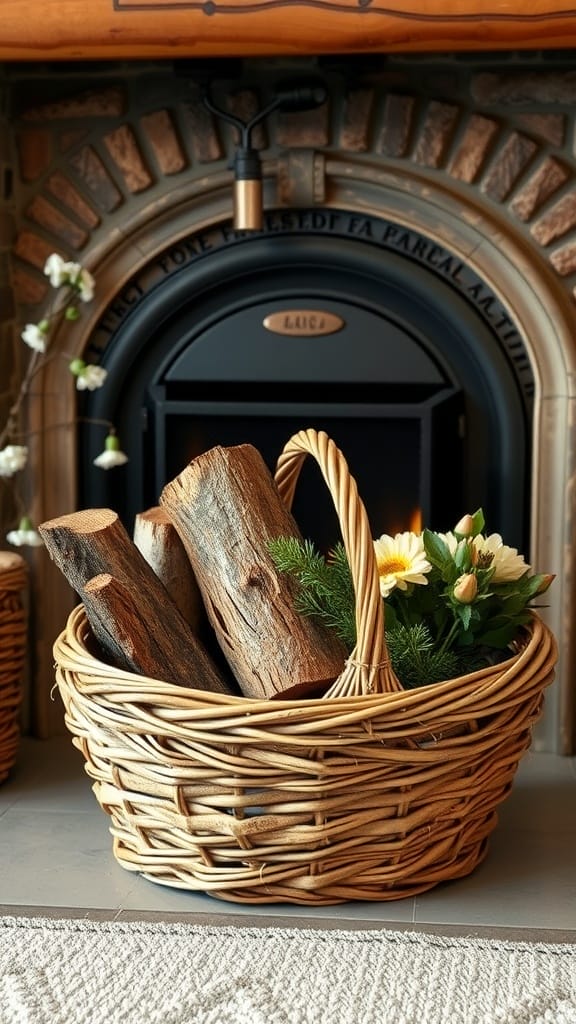 Weidenkorb mit Holzscheiten und Blumen neben einem Kamin