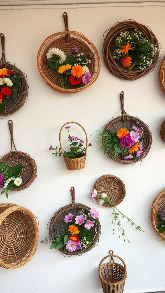 Weidenkörbe, gefüllt mit bunten Blumen, als Wandbehang an einer weißen Wand