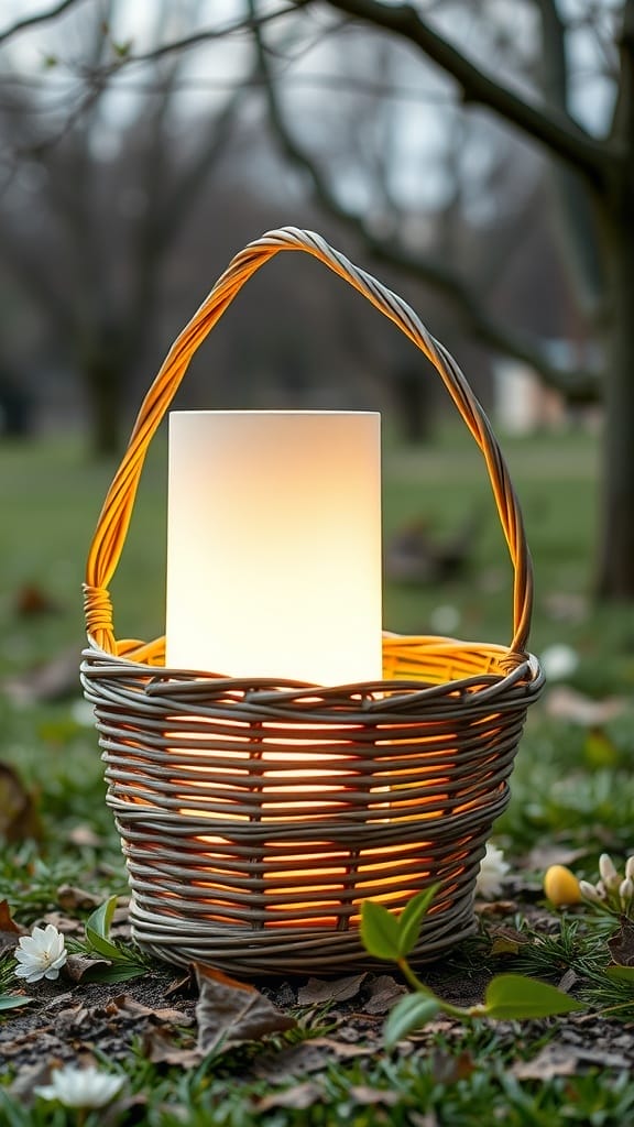 Weidenkorb mit einem leuchtenden Element als Windlicht im Freien
