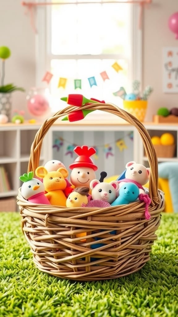 Ein geflochtener Weidenkorb voller bunter Stofftiere in einem hellen Kinderzimmer mit grünem Teppich.