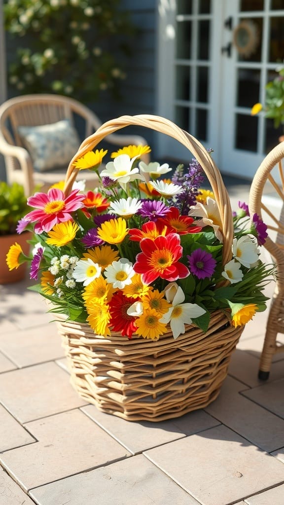 Bunt gefüllter Weidenkorb mit verschiedenen Frühlingsblüten auf einer Terrasse