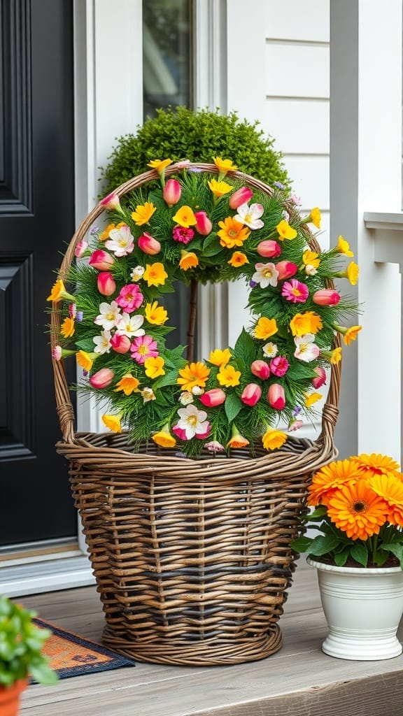 Ein Weidenkorb mit einem bunten Frühlingskranz aus Tulpen und Narzissen, platziert auf einer Veranda.