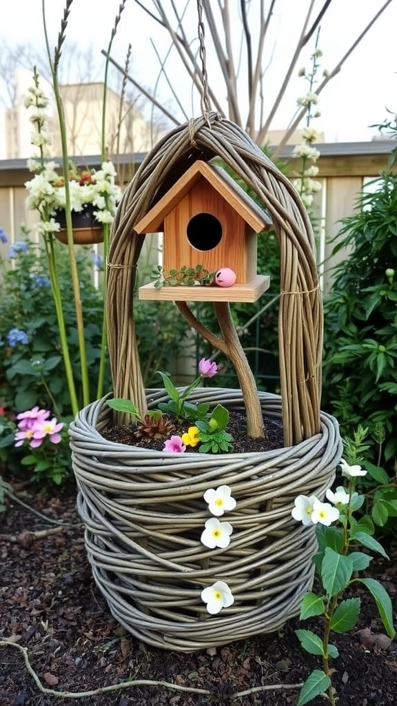 Weidenkorb mit Vogelhaus, umgeben von bunten Blumen