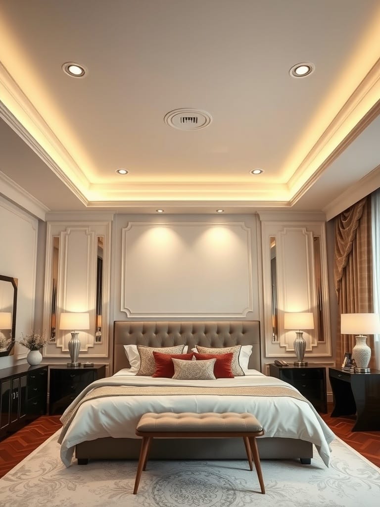 Schlafzimmer mit akzentuierter Decke und sanfter Beleuchtung