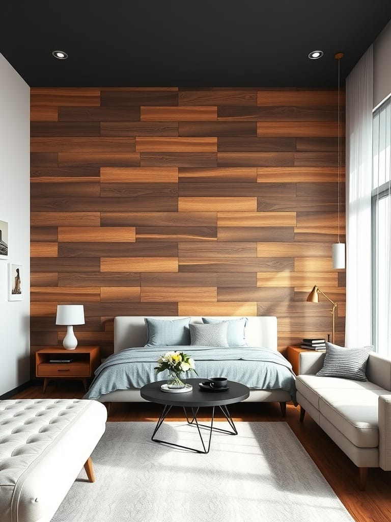 Schlafzimmer mit Akzentwand aus Holzvertäfelung, gemütlicher Einrichtung und natürlichem Licht.