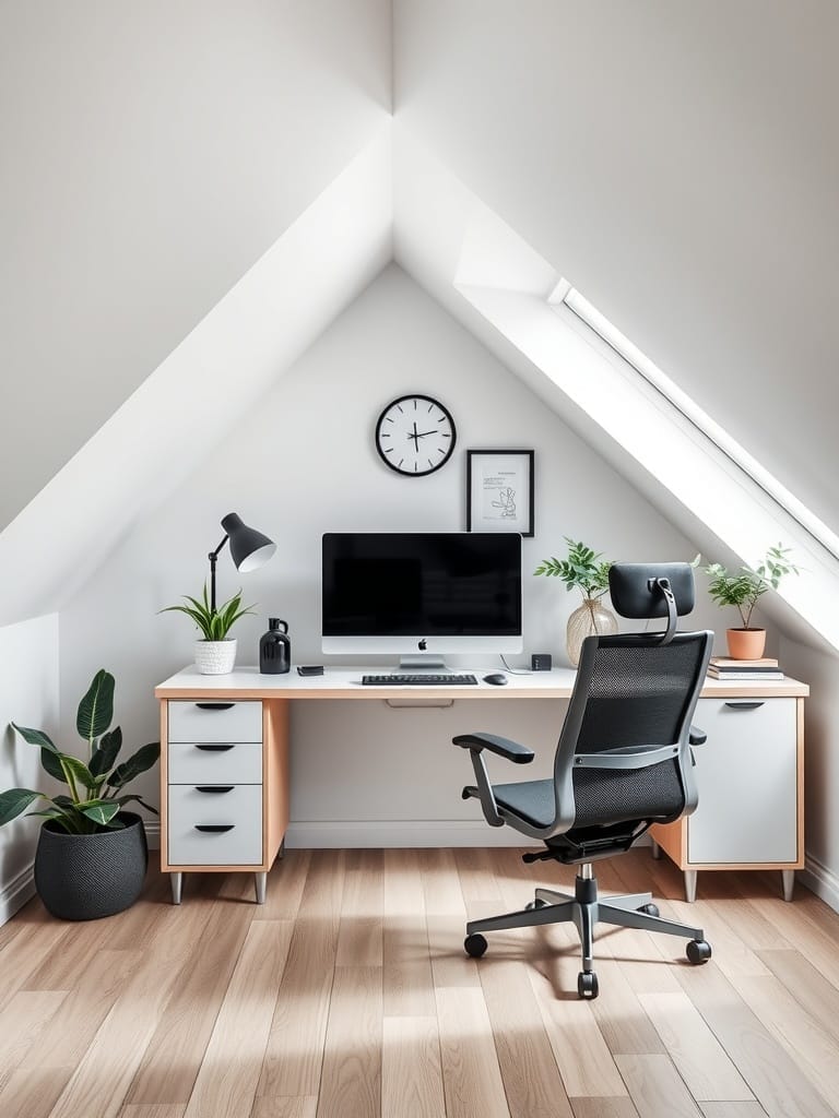 Büro mit Schreibtisch und Pflanzen unter einer Dachschräge