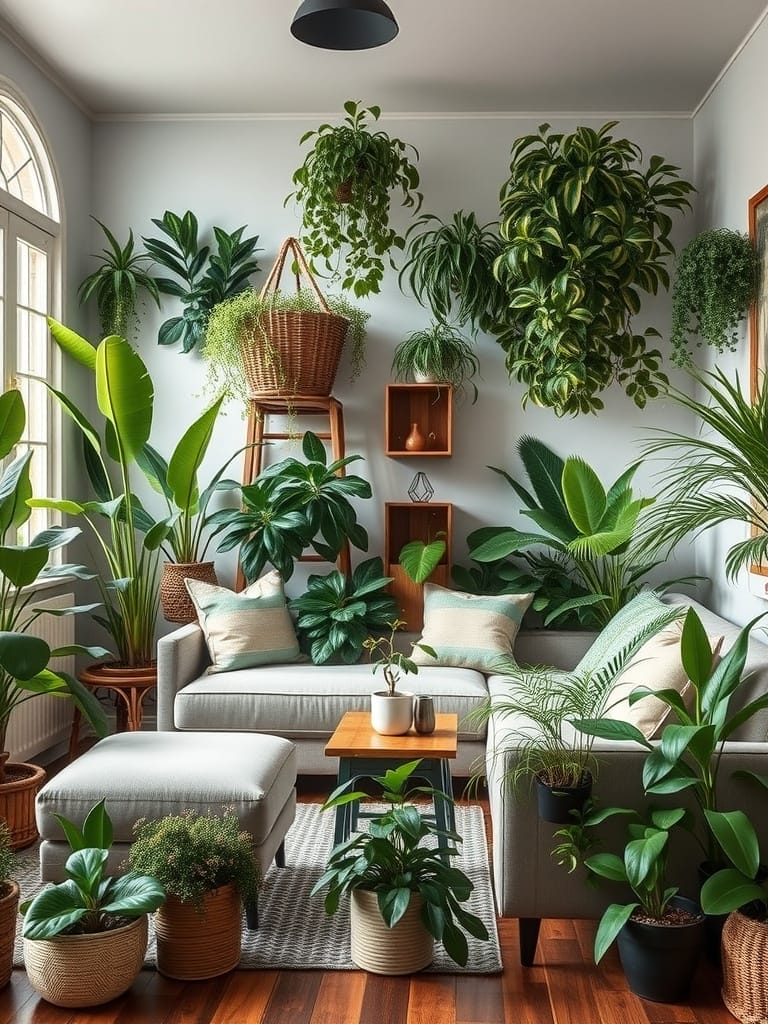 Gemütliches Wohnzimmer mit vielen Pflanzen und einer hellen Couch.