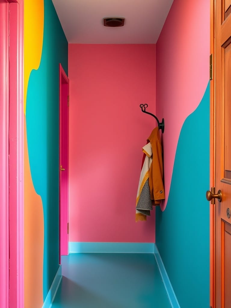 Ein kleiner Flur mit bunten Wänden in Pink, Blau und Orange, und einem Kleiderhaken.
