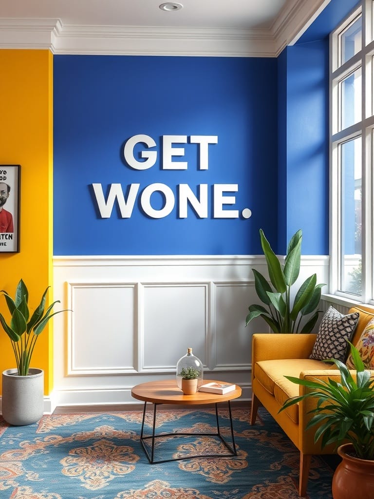 Bunte Akzentwände in einem modernen Wohnraum mit gelbem und blauem Anstrich.
