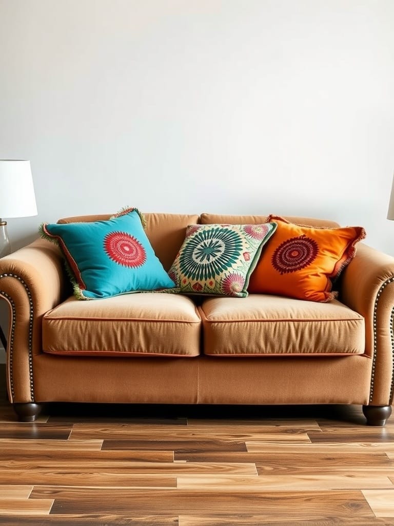 Gemütliches Sofa mit bunten Kissen in verschiedenen Farben und Mustern.