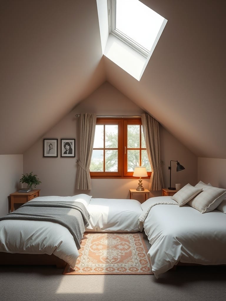 Gemütliches Gästezimmer mit Dachschräge, zwei Betten, Fenster und warmen Farben.