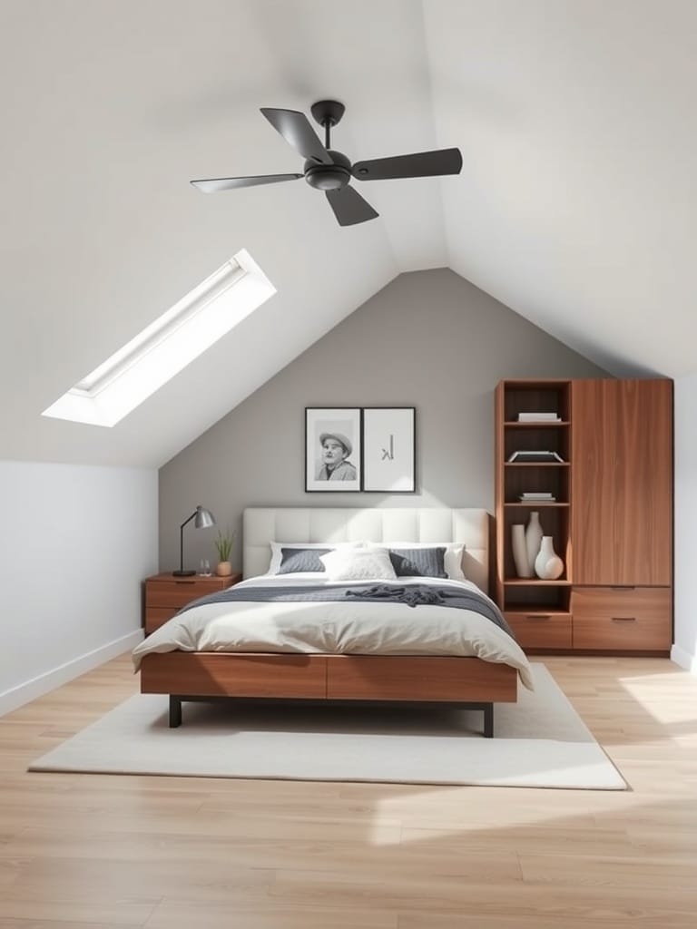 Ein modernes Schlafzimmer mit Dachschräge, Holzfußboden und stilvollen Möbeln.