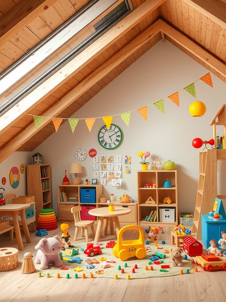 Kreativer Spielraum unter einer Dachschräge mit bunten Möbeln und Spielzeugen.