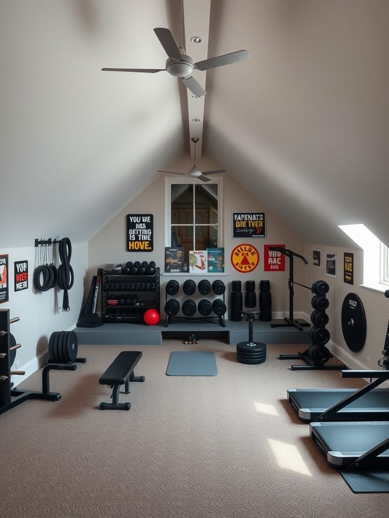 Moderne Fitnessraum mit Dachschrägen und Fitnessgeräten