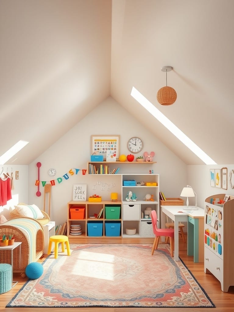Ein helles und freundliches Kinderzimmer mit Dachschrägen, bunten Regalen und einem gemütlichen Sitzbereich.
