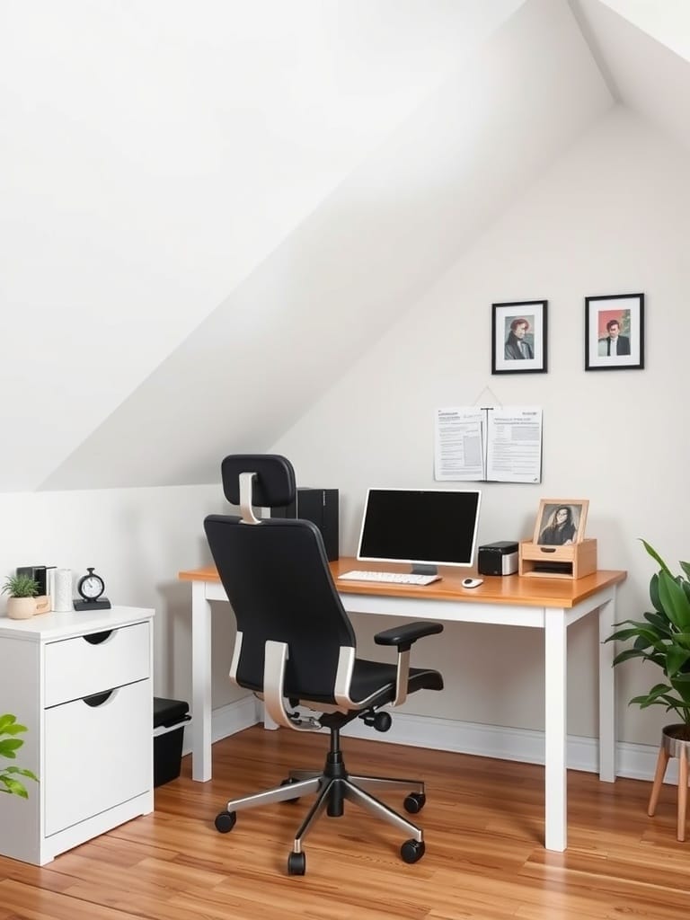 Ein modernes Arbeitszimmer unter einer Dachschräge mit Schreibtisch, Stuhl und Pflanzen.