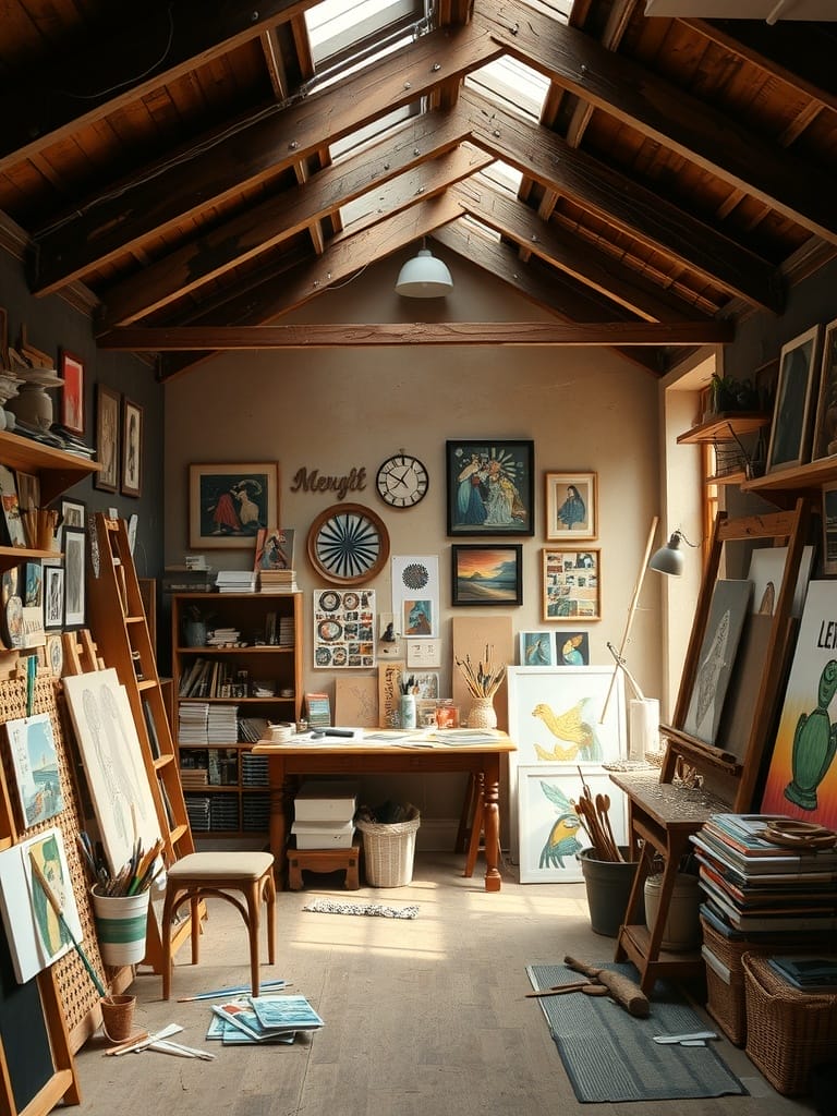 Ein gemütlicher Atelierraum mit Dachschrägen, der mit Kunstwerken und kreativen Materialien gefüllt ist.