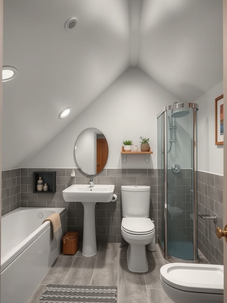 Modernes Badezimmer mit Dachschräge, Dusche, Badewanne und Waschbecken.