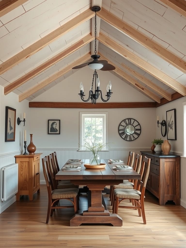 Ein Essbereich mit Dachschrägen, Holzdecke und einem großen Holztisch.
