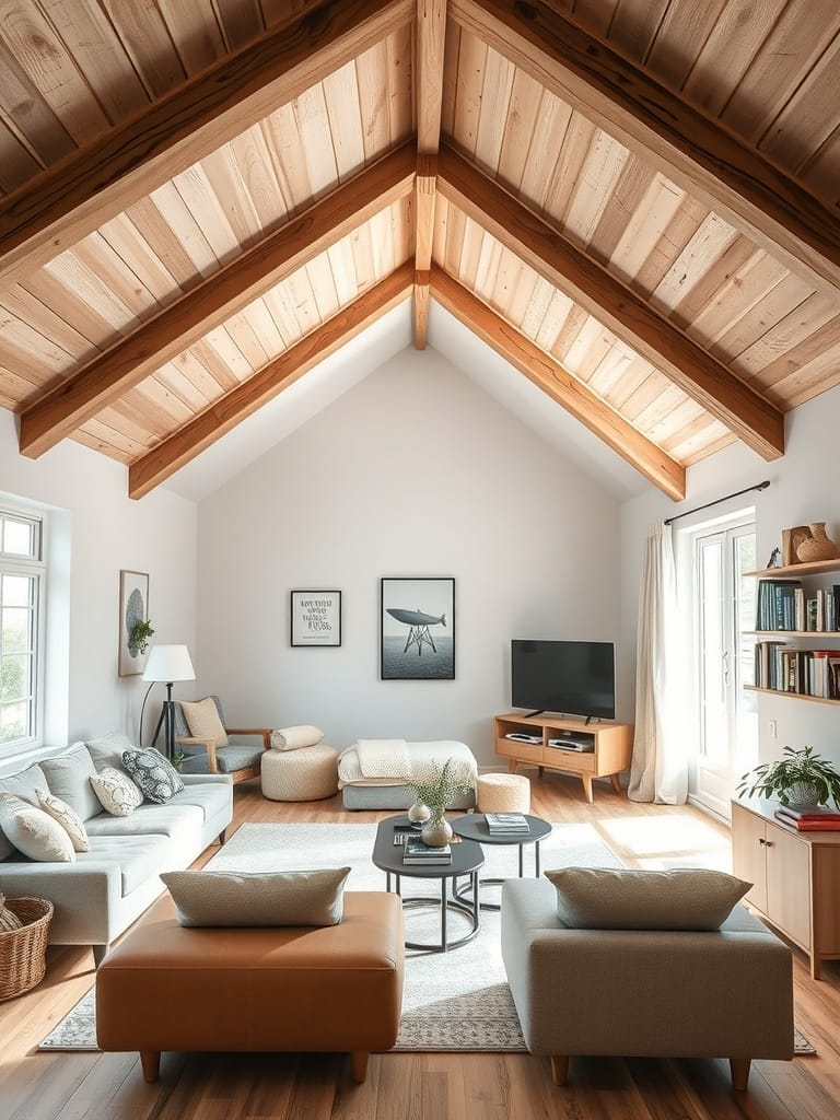 Gemütlicher Wohnraum mit Dachschrägen und modernen Möbeln