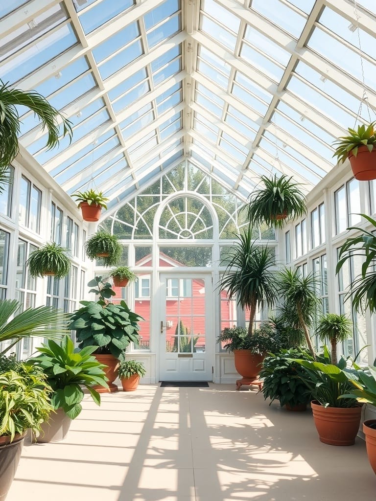 Wintergarten mit Dachschrägen und vielen Pflanzen