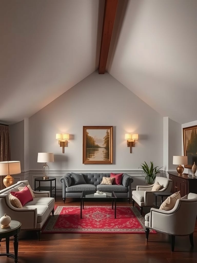 Ein elegantes Wohnzimmer mit Dachschräge, stilvollen Möbeln und warmen Farben.