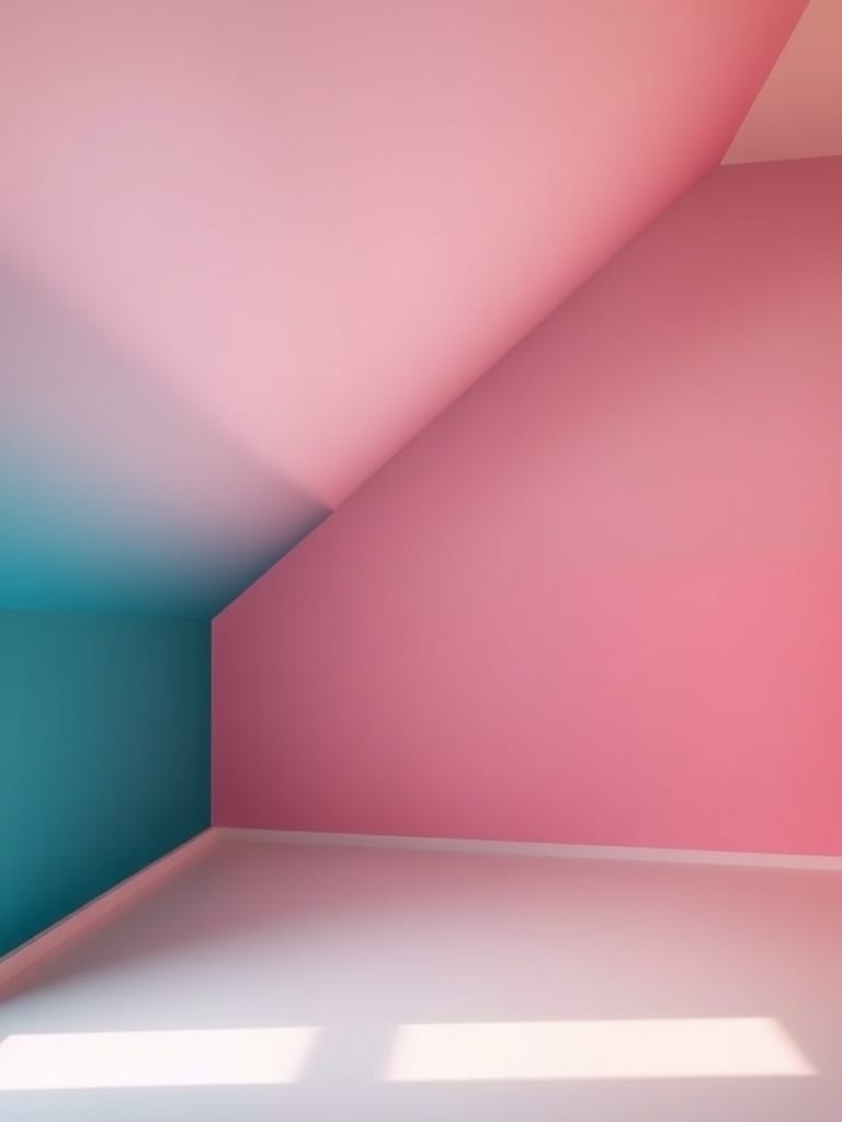 Ein Raum mit Dachschrägen, in sanften Farbverläufen von Blau zu Pink.
