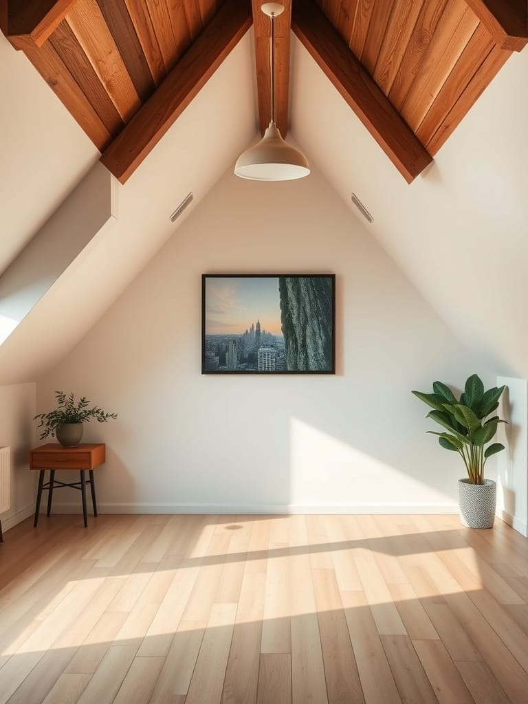 Ein heller Raum mit Dachschrägen, einem Kunstwerk an der Wand und einer Pflanze.