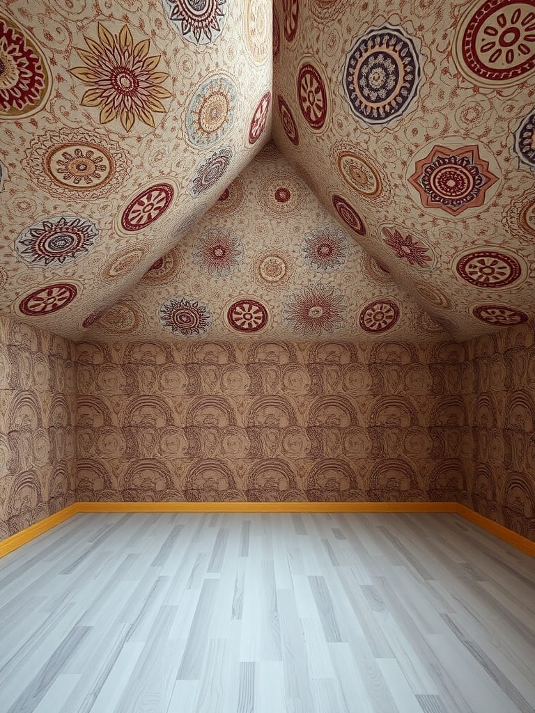 Wände mit bunten Mustern in einem Raum mit Dachschrägen