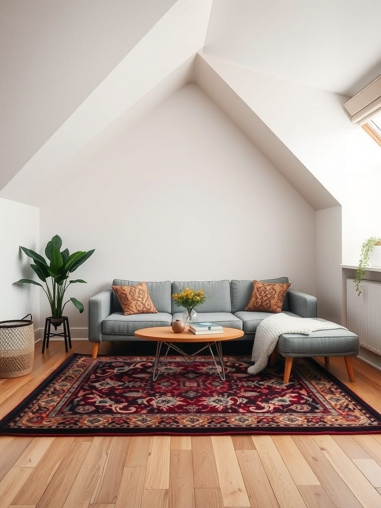 Gemütliches Wohnzimmer mit Dachschräge, Sofa, Tisch und Teppich