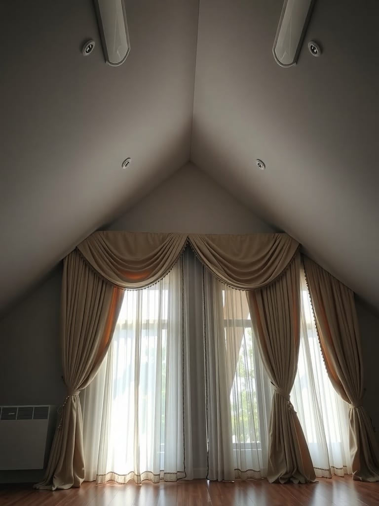 Ein Raum mit Dachschrägen, dekoriert mit eleganten Vorhängen.