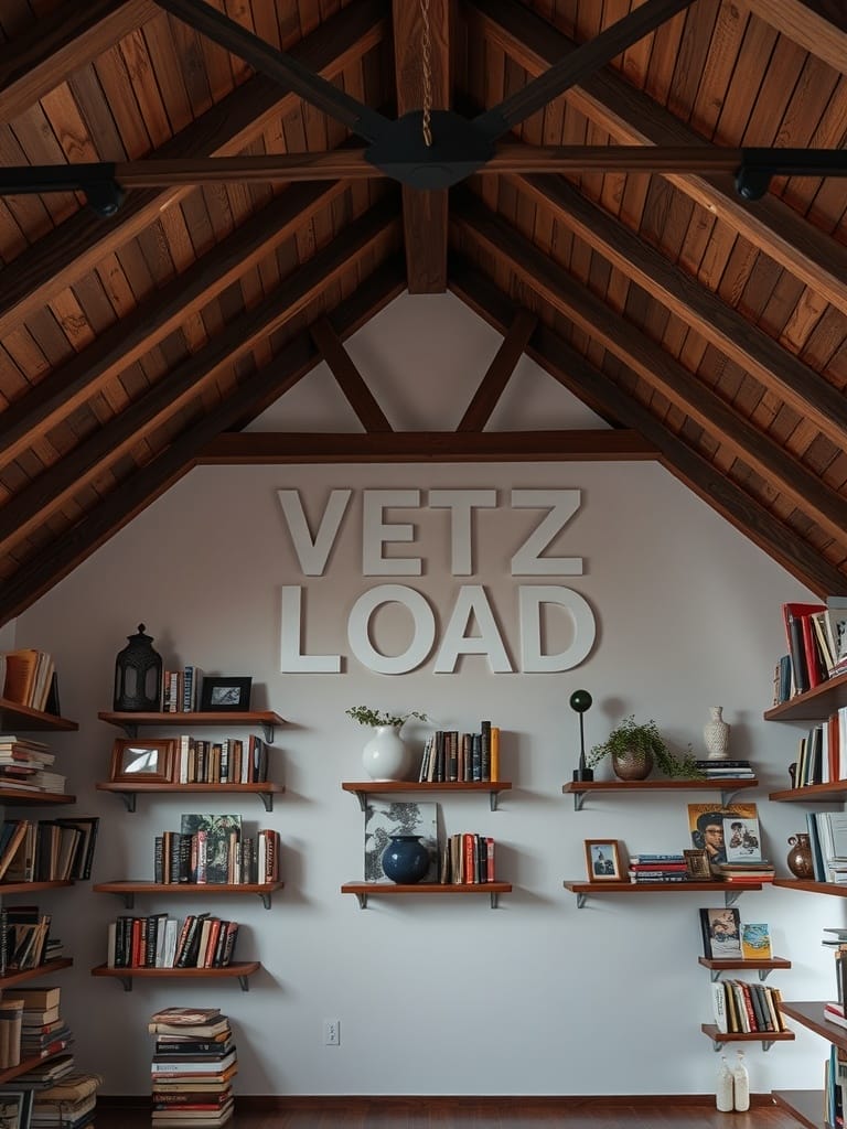 Ein Raum mit Dachschräge, ausgestattet mit Wandregalen, die Bücher und Dekorationen präsentieren.
