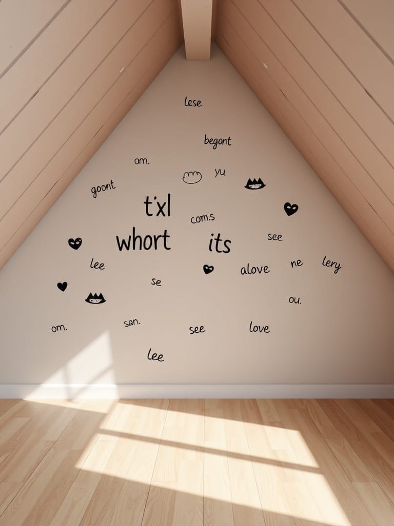 Wand mit verschiedenen Wandtattoos in einem Dachgeschoss