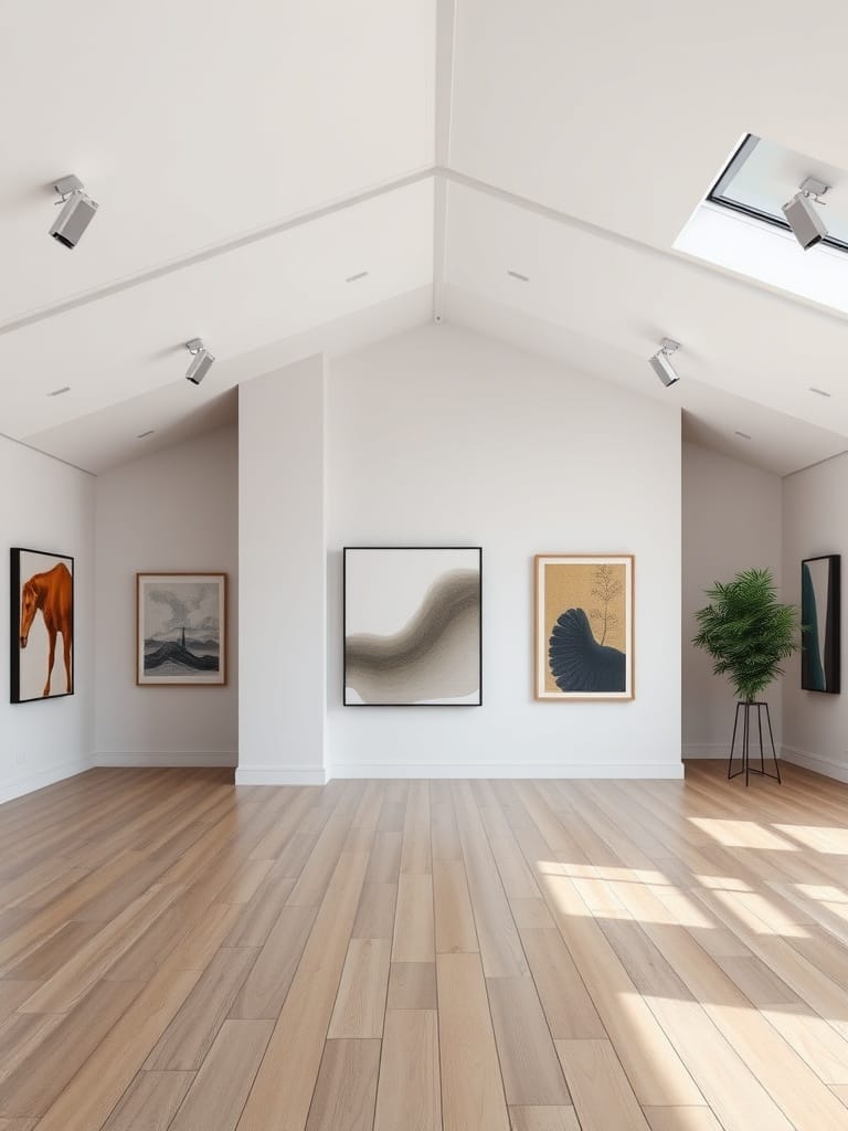 Ein heller Raum mit schrägen Wänden, dekoriert mit modernen Kunstwerken.