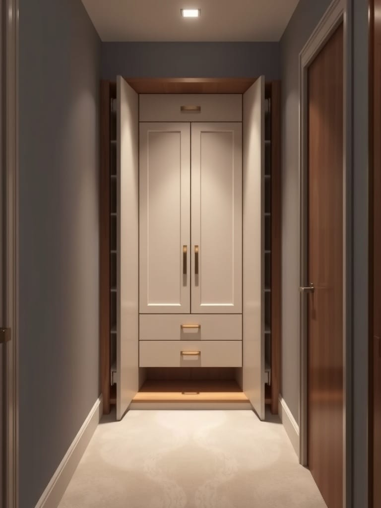 Eckgarderobe in einem kleinen Flur mit Schränken und Regalen.