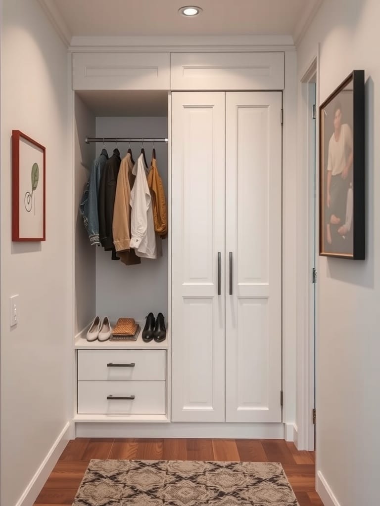 Einbauschrank im Flur mit Kleidung und Schuhen