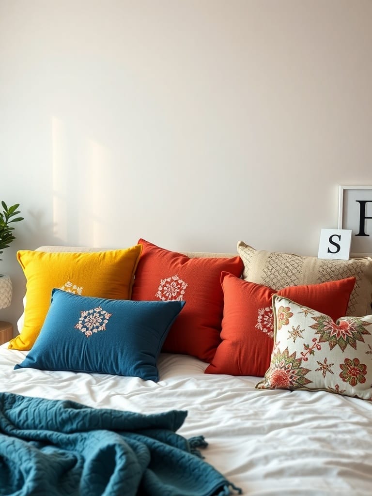 Bunte Kissen auf einem Bett, die eine gemütliche Atmosphäre schaffen.