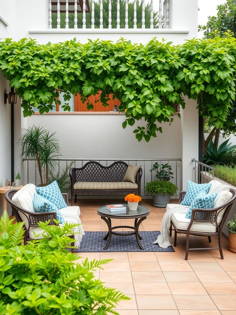Gemütliche Terrasse mit Gartenmöbeln und Pflanzen