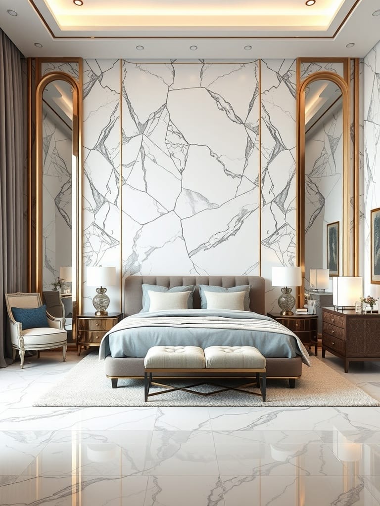 Schlafzimmer mit eleganter Wandgestaltung in Marmoroptik, stilvolles Bett und moderne Möbel.