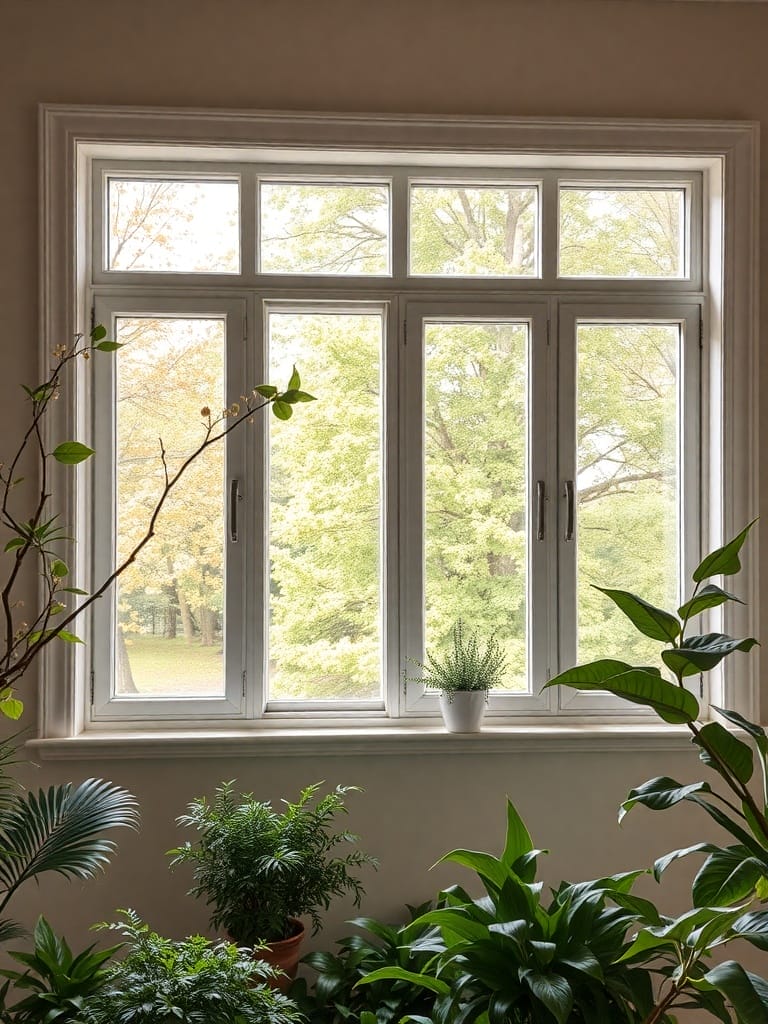 Energieeffiziente Fenster mit Blick auf grüne Bäume und Pflanzen im Innenraum.
