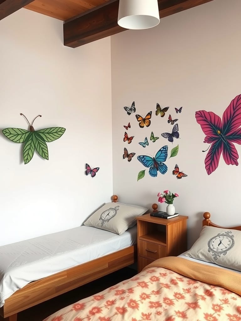 Bunte Wandtattoos mit Schmetterlingen und Blättern in einem Schlafzimmer