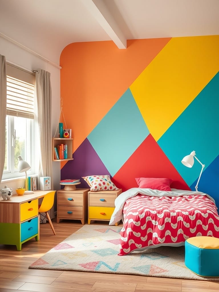 Farbenfrohe Wandgestaltung mit geometrischen Formen in einem Schlafzimmer