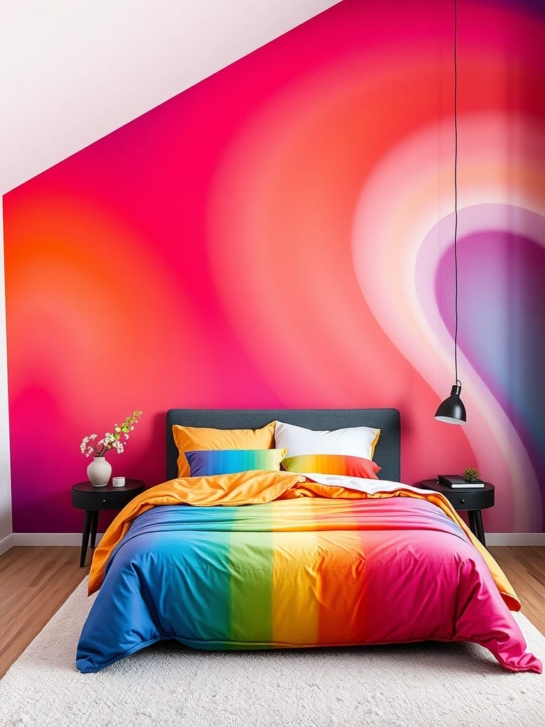 Schlafzimmer mit einem bunten Farbverlauf an der Wand und farblich abgestimmter Bettwäsche