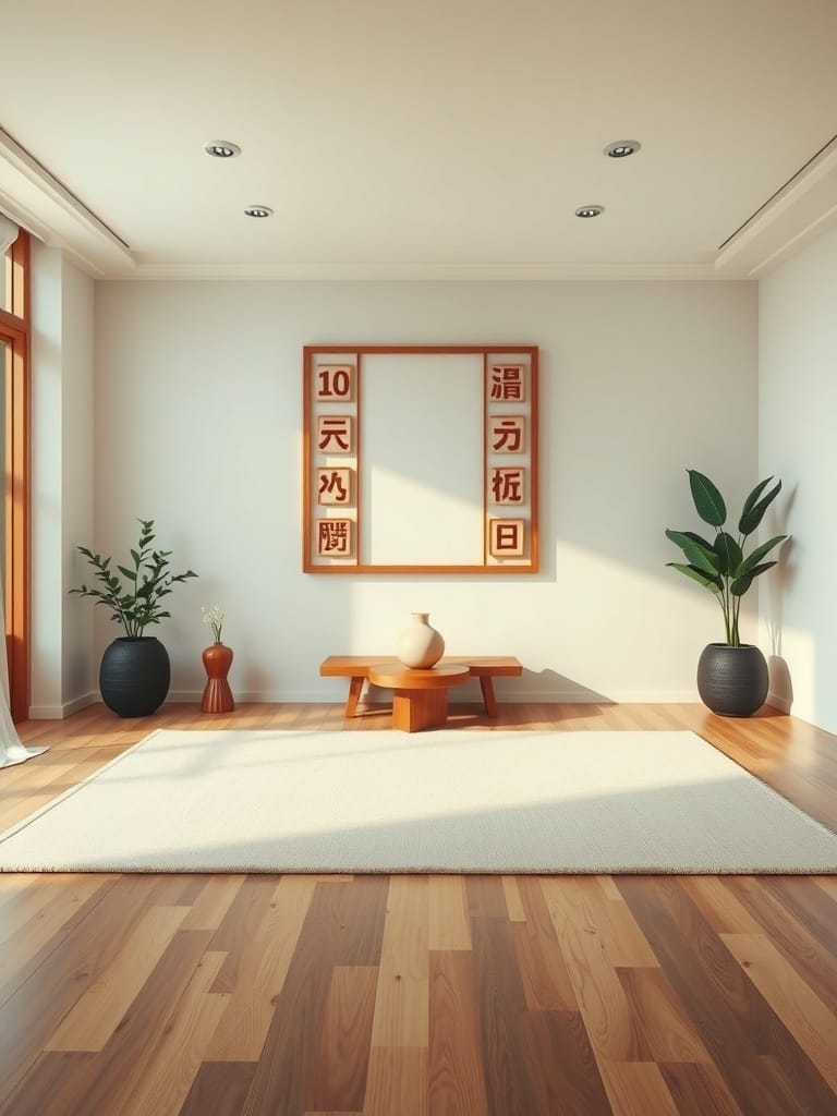 Ein heller Raum mit Holzfußboden, Pflanzen und minimalistischer Einrichtung.
