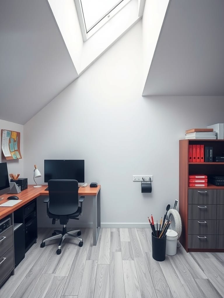 Ein funktionaler Arbeitsplatz unter dem Dach mit Schreibtisch, Computer und Fenster.