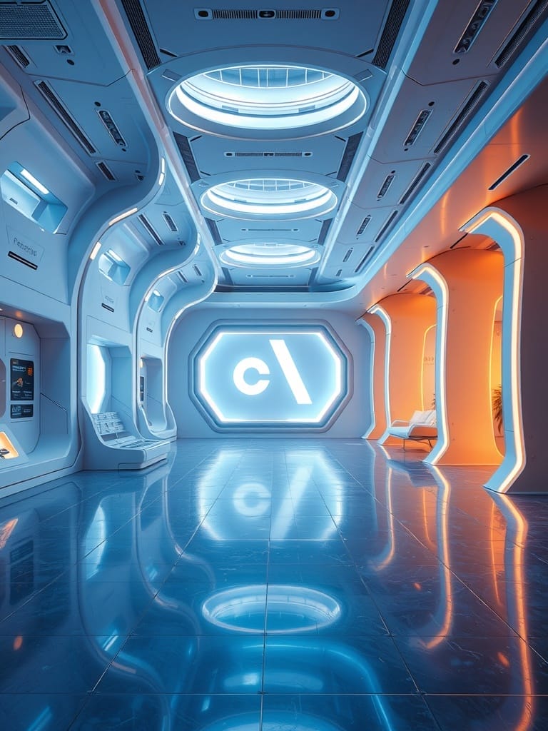 Futuristisches Innenraumdesign mit leuchtenden Farben und glatten Oberflächen