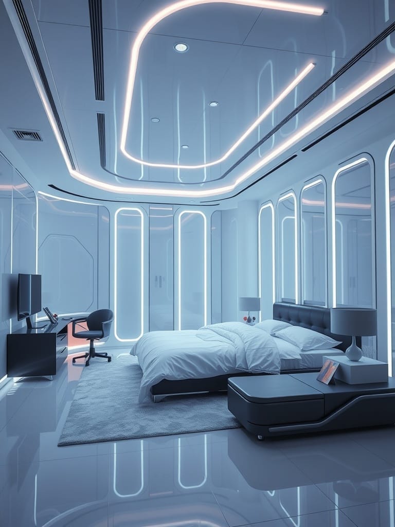 Futuristisches Schlafzimmer mit LED-Beleuchtung und modernen Möbeln