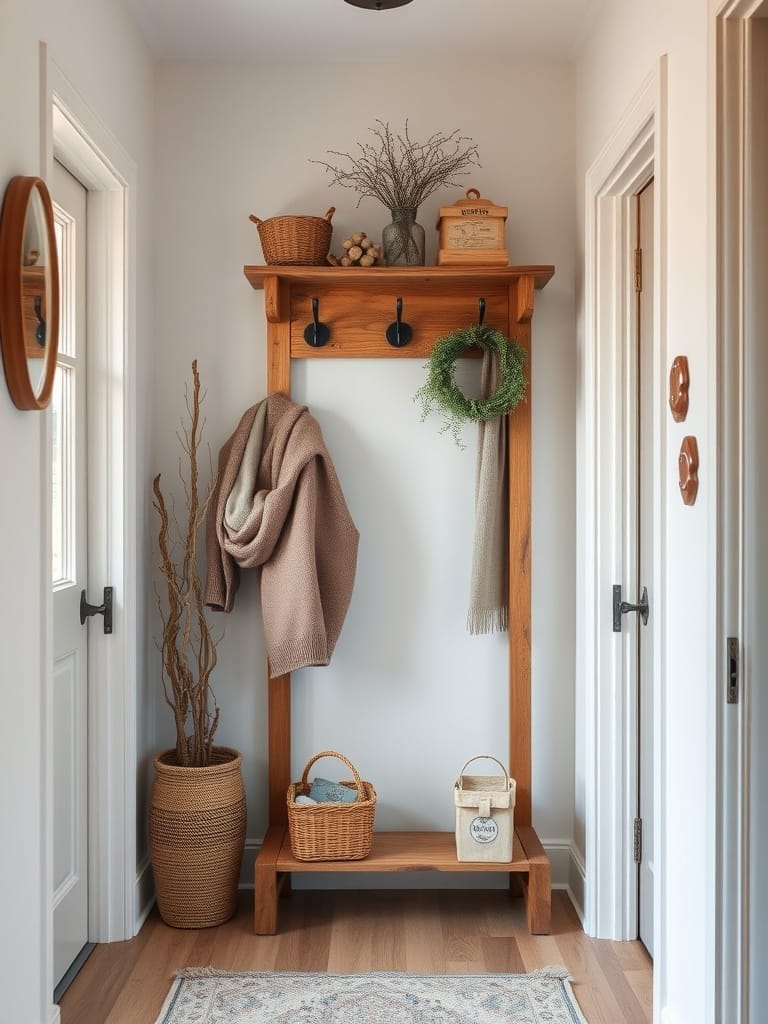 Holzgarderobe im Flur mit dekorativen Elementen