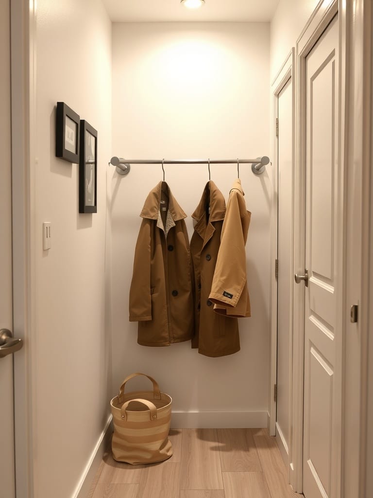 Garderobe mit abnehmbarem Bezug im kleinen Flur, zwei Mäntel hängen an einer Stange, ein Korb steht auf dem Boden.